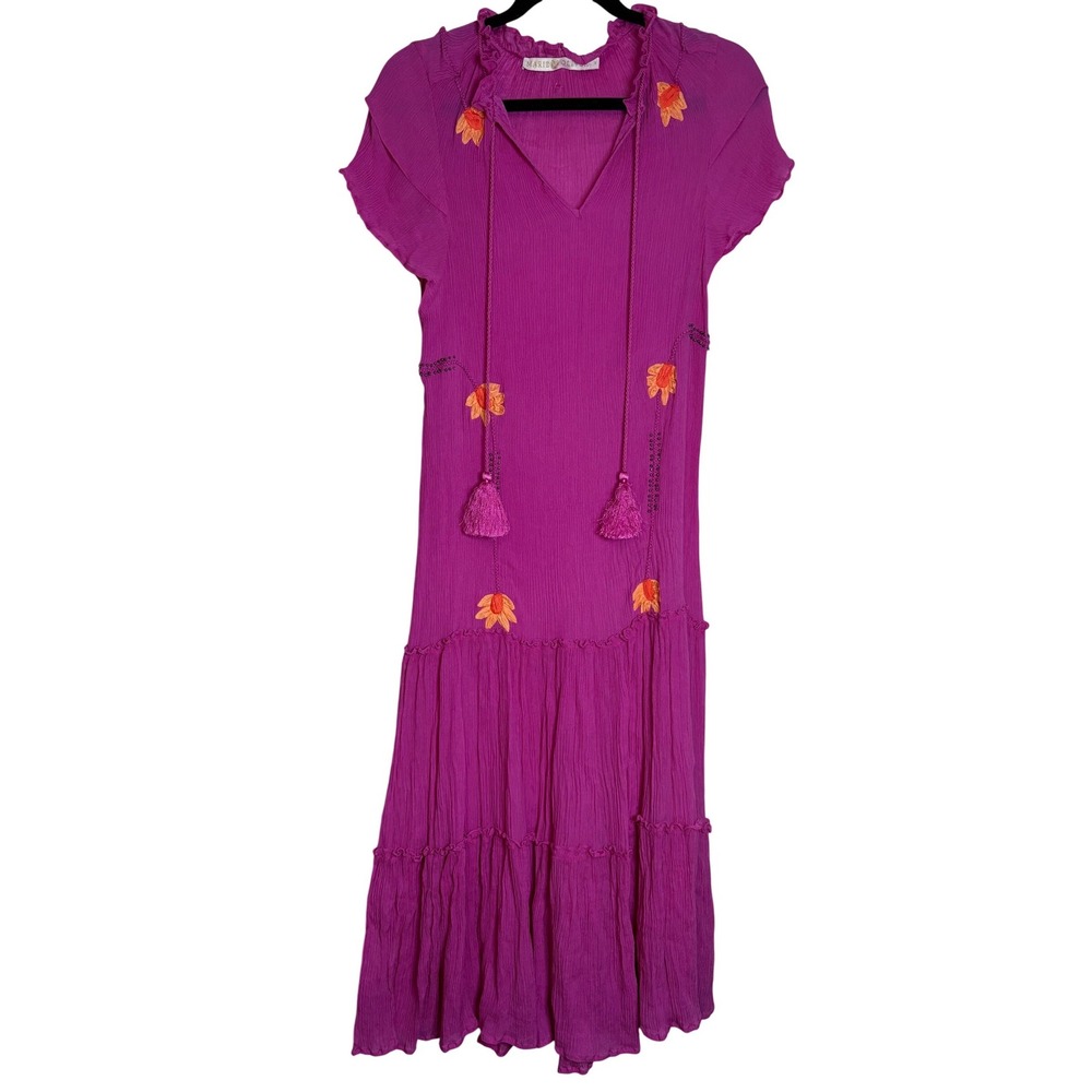 Marie Oliver Silk Magenta Embroidered Tassel Maxi Dress‎ Boho